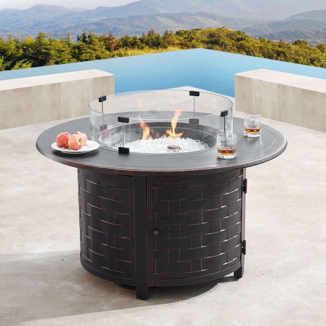 Outdoor Living and Style 44" Black and Brown Round Propane Outdoor Fire Table with Wind Blockers